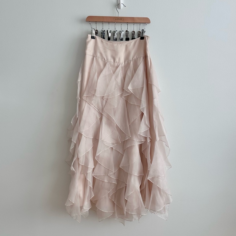 Vintage Sara Isabella Pink Silk Chiffon Ruffle Fairy Handkerchief Hem Maxi Skirt